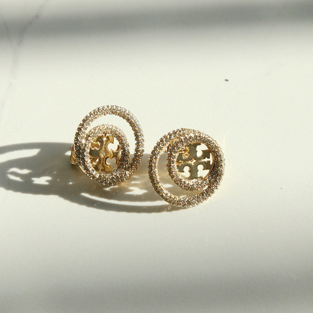 Tory Burch Gold Pave Full Diamond Double Hoop Earrings